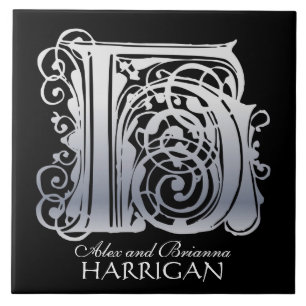 Carreau H Monogramme "Dentelle d'argent sur noir" avec Nom