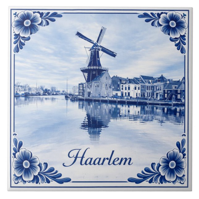 Carreau Haarlem windmill Delft Blue style ceramic tile (Devant)