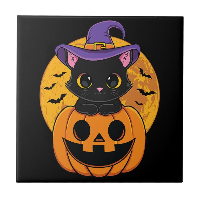 Carreau Halloween Chat Noir Sorcière Casquette Citrouille  (Devant)