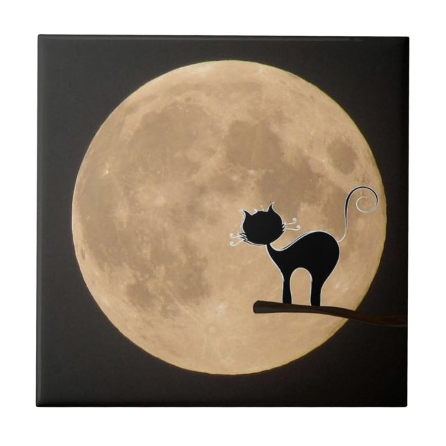Carreau Halloween gothique chat noir avec pleine lune (Devant)