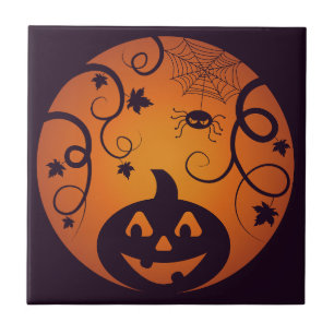 Carreau Halloween Jack-o'-lantern citrouille visage et ara