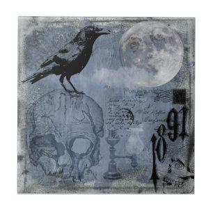 Carreau Halloween vintage crâne et corbeau