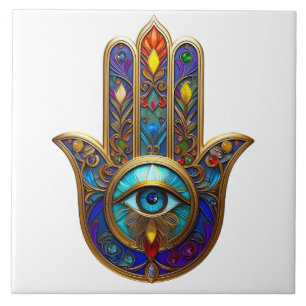 Carreau Hamsa Coloré Turquoise Saphir Troisième Œil Or