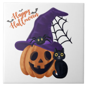 Carreau Happy Halloween Citrouille sculpté avec chat noir 