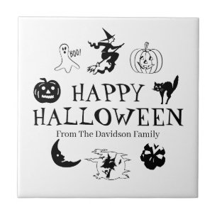 Carreau Happy Halloween nom personnalisé noir blanc éffray