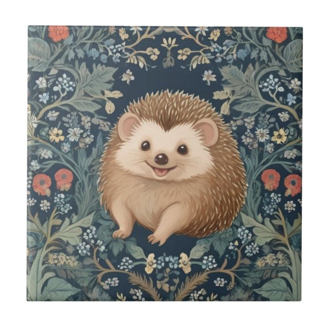 Carreau Happy Hdgehog William Morris style Floral (Devant)