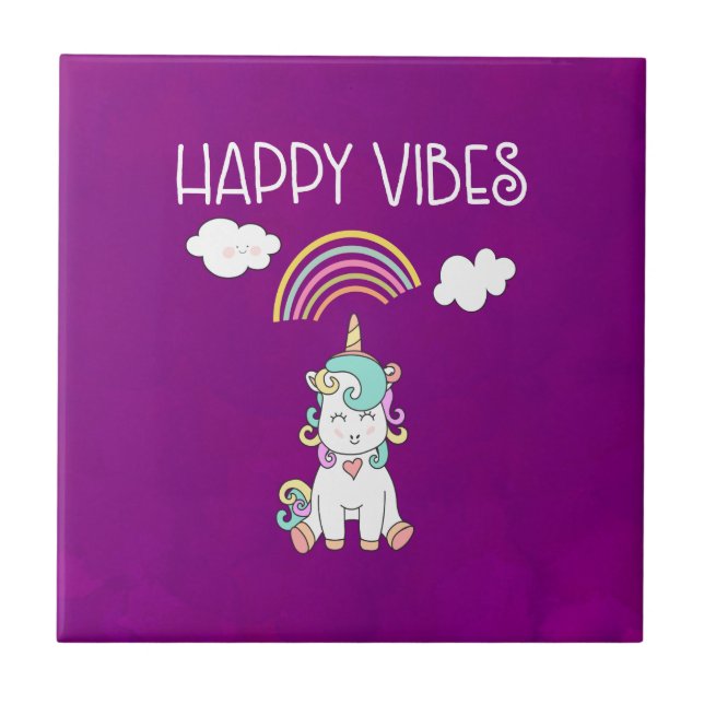 Carreau Happy Vibes Typographie mignonne souriant Unicorn (Devant)
