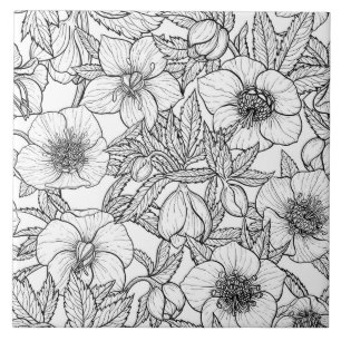 Carreau Hellebores en noir et blanc