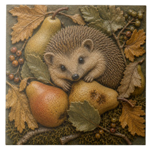Carreau Hérisson d'automne & Poires Faune forestière