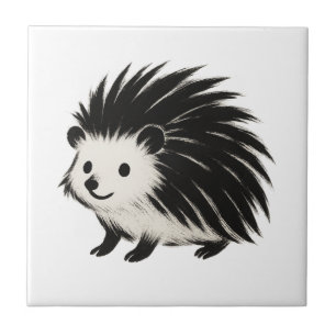 Carreau Hérisson minimaliste - Design animal d'encre noire
