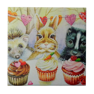 Carreau Hérisson Rabbit Skunk & Cupcakes Watercolor Art