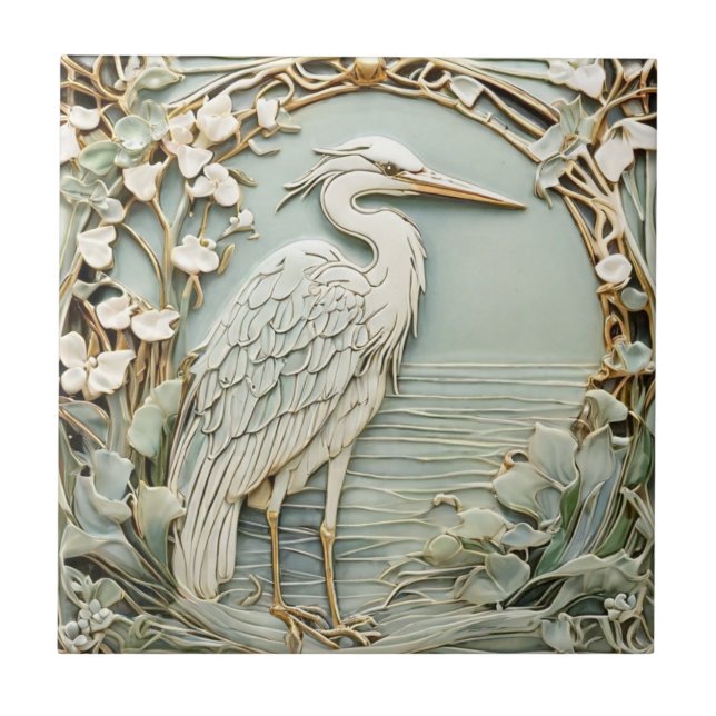 Carreau Heron Sea Bird Art Nouveau Faux Relief Right Mint (Devant)