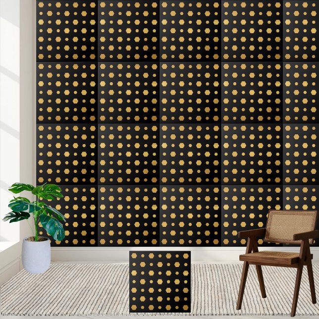 Carreau Hexagone géométrique moderne moderne noir et or (Stylish Modern Black and Gold Geometric Hexagon Ceramic Tile)