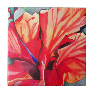 Carreau Hibiscus rouge fleurs tropicales aquarelle art