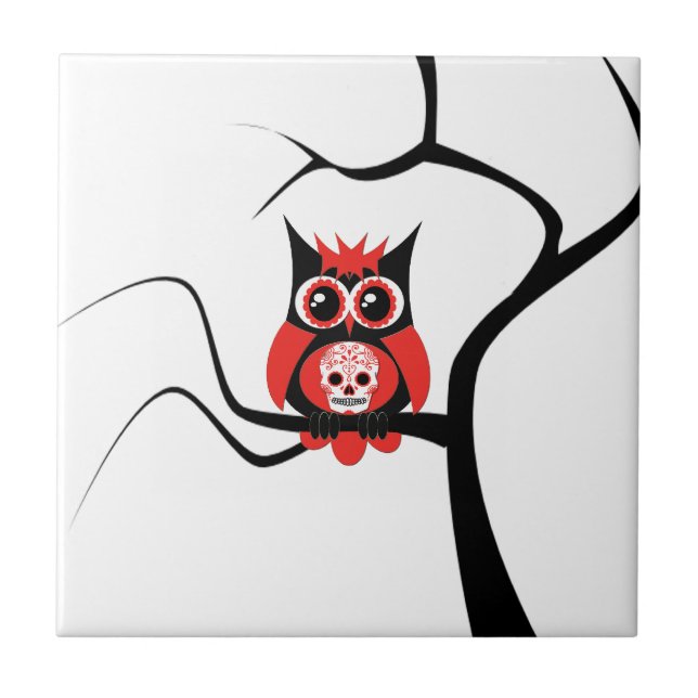 Carreau Hibou rouge de crâne de sucre dans la tuile (Devant)
