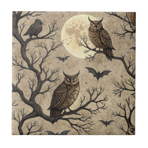 Carreau Hiboux et lune d'Halloween vintage