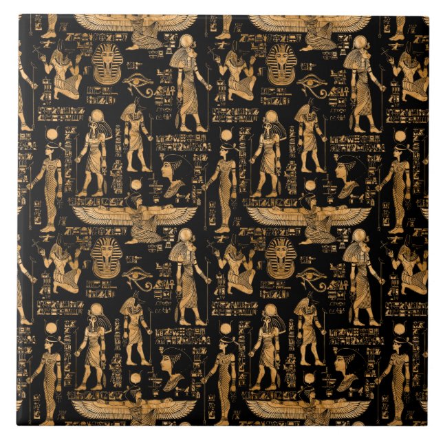 Carreau Hiéroglyphes et dieux égyptiens or et noir (Devant)