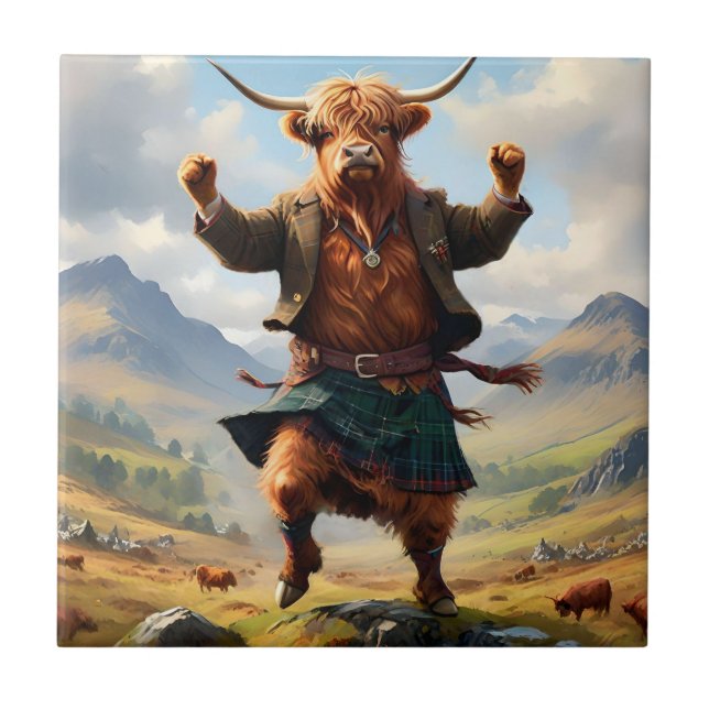 Carreau Highland Cow Dansant Le Highland Fling, (Devant)