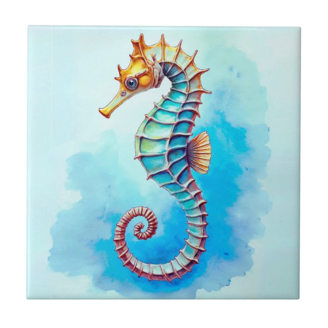 Carreau Hippocampe d'aquarelle sur Turquoise (Devant)