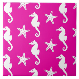 Carreau Hippocampe et étoile de mer - blanc sur rose fuchs