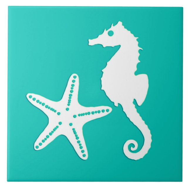 Carreau Hippocampe et étoiles de mer - blanc sur la (Devant)