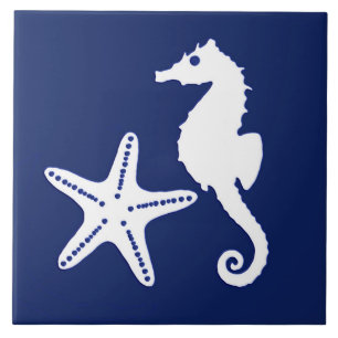 Carreau Hippocampe et étoiles de mer - bleu marine et