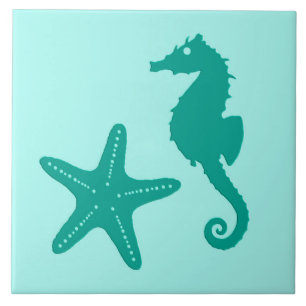 Carreau Hippocampe et étoiles de mer - turquoise et aqua