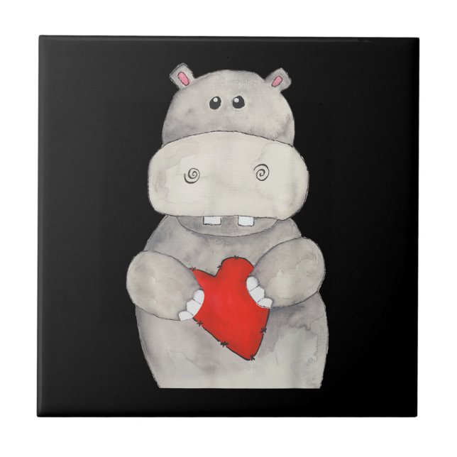 Carreau Hippopotame mignon tenant le coeur | Love Hippo (Devant)