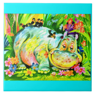 Carreau hippopotames et oiseaux aux couleurs vives