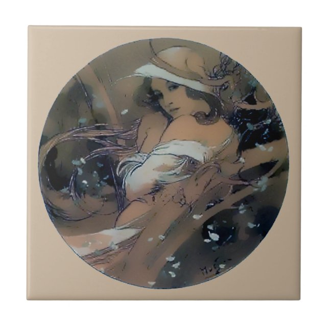 Carreau Hiver de Nouveau Mucha d'art de femme (Devant)