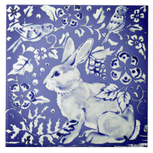 Carreau Hollandais Blue Rabbit Bird Floral Foliage Décor 
