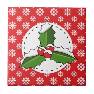Carreau Holly Berry on Red White Snowflakes Pattern
