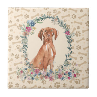 Carreau Hongrois Vizsla Chien Empreinte de patte Floral Cu
