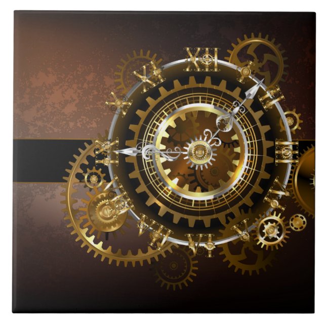 Carreau Horloge Steampunk avec des engrenages anciens (Devant)