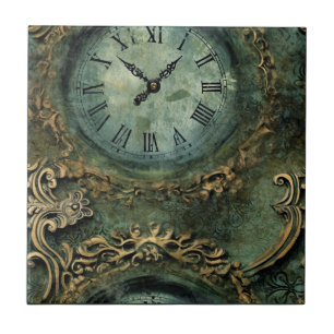 Carreau Horloge Steampunk Rustique Vert Émeraude