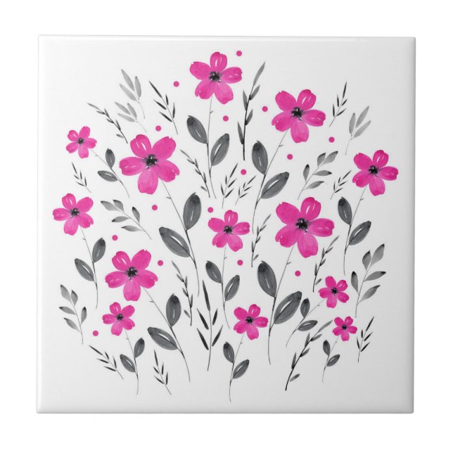 Carreau Hot rose gris cinq pétales Aquarelle Motif Floral (Devant)