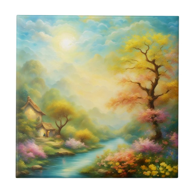 Carreau huile peindre un paysage de printemps et un arbre (Devant)