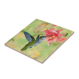 Carreau Hummingbird and Pink Lily on Floral