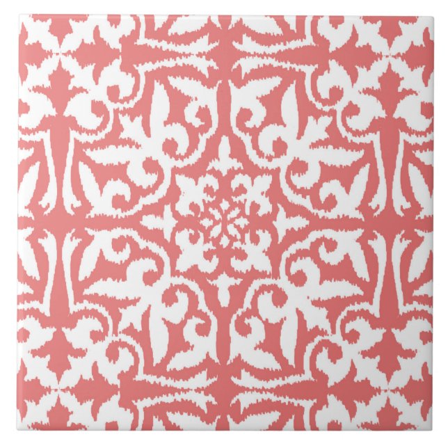 Carreau Ikat damask pattern - Coral rose et blanc (Devant)