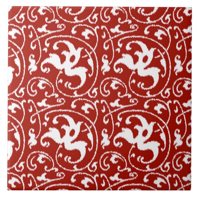 Carreau Ikat Floral Damask - Rouge foncé et blanc (Devant)