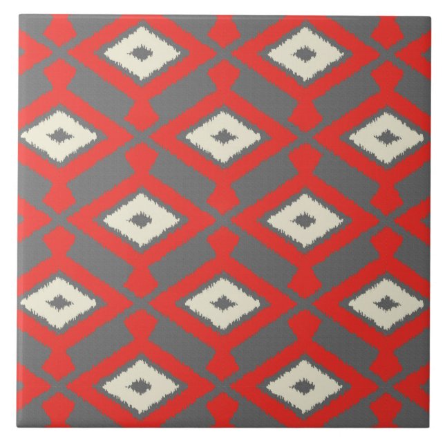 Carreau Ikat Motif - Rouge, gris et beige (Devant)