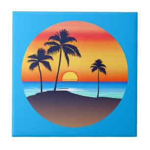 Carreau Île tropicale au coucher du soleil avec palmiers