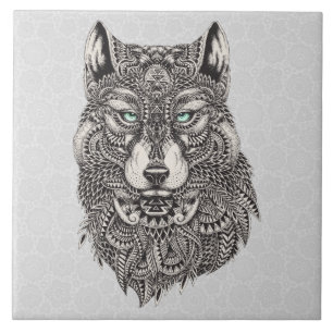 Carreau Illustration Black Grey & Green Wolf