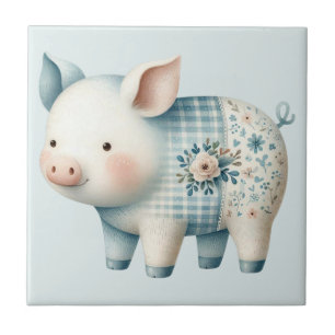 Carreau Illustration Cottagecore de Cochon en Patchwork Bl