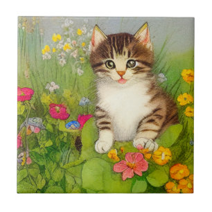 Carreau Illustration de chat souriant vintage