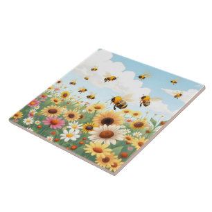 Carreau Illustration de fleurs et d'abeilles mignonnes