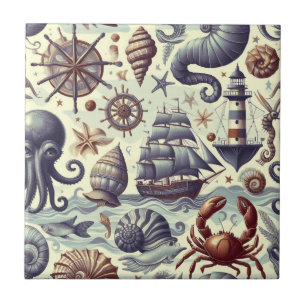 Carreau Illustration de la Vie marine nautique vintage