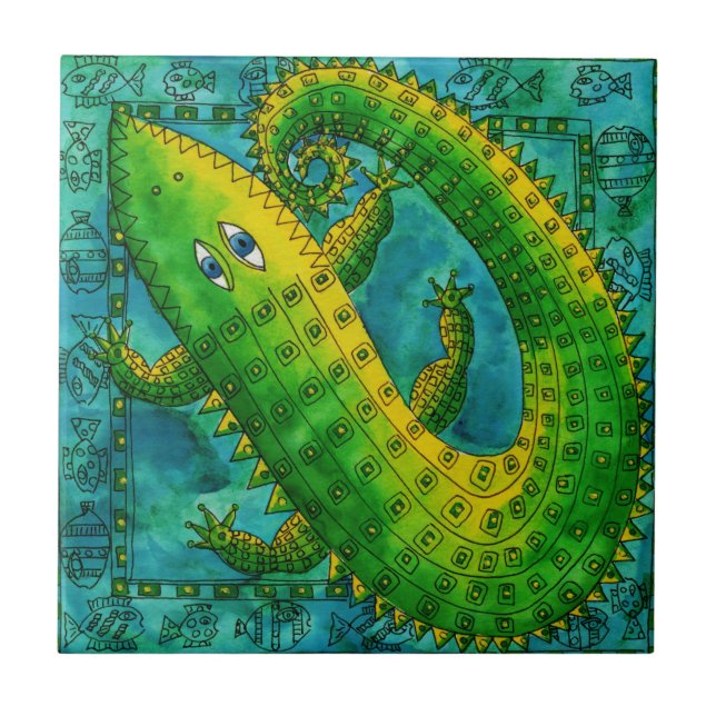 Carreau Illustration de l'aquarelle de crocodile à motifs (Devant)