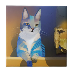 Carreau Illustration du soleil doré du chat bleu