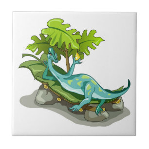 Carreau Illustration D'Un Bain De Soleil Iguanodon.